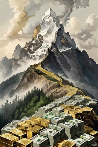 A mountain built of money, gold, silver, and jewels