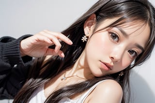 1girl, solo, long hair, looking at viewer, simple background, black hair, white background, jewelry, earrings, blurry, black eyes, lips, depth of field, realistic,korean girls