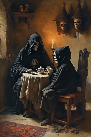 A hauntingly serene scene unfolds: a hooded figure sits on a worn wooden chair, surrounded by the trappings of a mysterious ritual. Two boys, their faces obscured by hoods, sit attentively before a table adorned with a teacup, plate, and saucer. A candle's soft glow casts an eerie light on the pair's solemn expressions as they gaze upon a skull displayed on a nearby pedestal, while a traditional media piece in the background adds to the sense of foreboding.