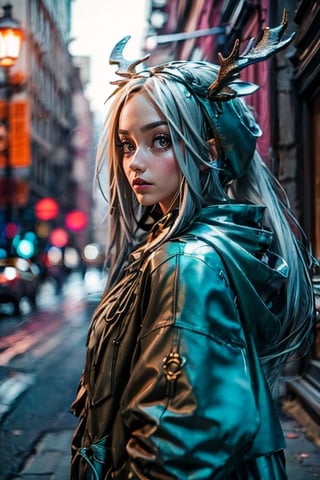 1girl, solo, long hair, looking at viewer, long sleeves, twintails, green eyes, standing, jacket, upper body, white hair, outdoors, horns, day, hood, hoodie, mask, hood down, building, clothes writing, forehead, city, hands in pockets, mouth mask, drawstring, road, antlers, street