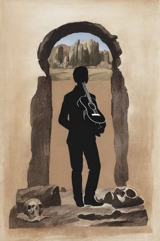 
Solo, 1 boy, standing, outdoors, from behind, scenery, 1 guitar, ruins, skull cave