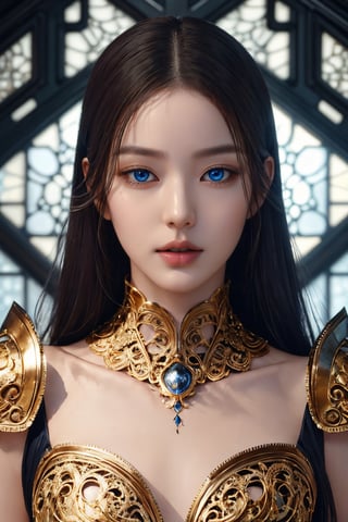 surreal photography of a stunningly beautiful cyborg female, blue eyes, embraced, delicate gold filigree, intricate detailed, glowing, in the style of beth cavener, jin kagetsu, and wlop, highly detailed, intricate filigree, chrome face symmetry, masterpiece, award - winning, sharp focus, concept art, high key, ambient lighting, 8 k, octane render,jwy1,naked