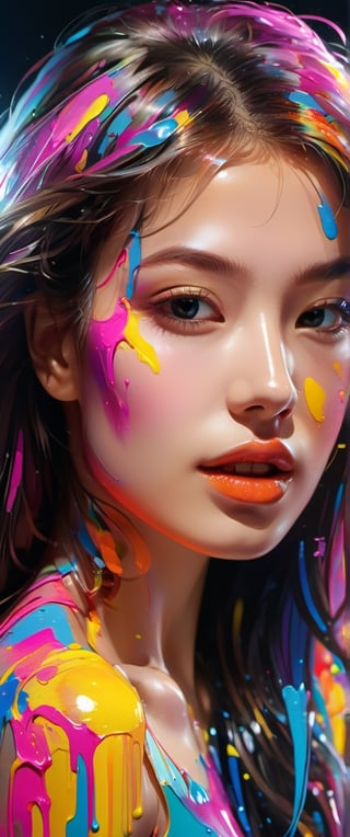 Ultra detailed Ultra realistic portrait of a beautiful woman covered by glistening colorful paints with flowy, 8kUHD, neon glow ,LinkGirl