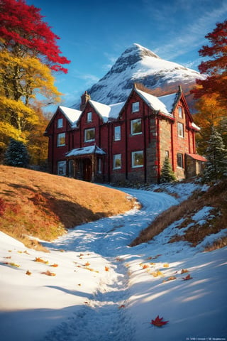 masterpiece, best quality, official_art, aesthetic and beautiful, potrait of an old grand house, on Scotish highlands, snowed mountain, huge grewn field, autumn_leaves, fall_season, no_humans