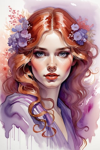 (watercolor drawing:1.4), portrait, beautiful girl, long flowing curly auburn hair,
 (Background  : smuggled with red and purple colors:1.4)
floral embroidery,high detail, intricate details, elegant, aesthetic, lineout, high quality, work of art, hyper-detailed, professional, filigree, hazy, super-detailed, muted colors, style Stephanie Law and Alphonse Mucha and Carne Griffiths,art,ink , puple diluted 