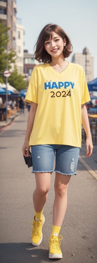 best quality, masterpiece, (photorealistic:1.4), 1girl, brown and whiteish short hair , v neck short sleeve shirt, oversized tank, short skirts,outdoor, cafe, (happy:0.88), ("HAPPY 2024" small yellow text logo on her shirt:1.5),Seattle city, very soft bobbies ,REALISTIC, full body, overjoyed expression,  blue jeans,  snowing, night vibe romantic, holiday vibe, beautiful night life, full body, wear snickers 