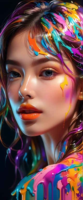 Ultra detailed Ultra realistic portrait of a beautiful woman covered by glistening colorful paints with flowy, 8kUHD, neon glow ,LinkGirl