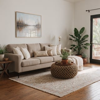 photo of a boho living room, eclectic and cozy design, mix and match of patterns and textures, metallic and moder materials, wide widows,  earthy and cool colors, high angle shot, spacious and airy, negative space, natural light, soft and diffused shadows, comfortable and inviting furniture, metal coffee table, velvet sofa, curved line, calm and relaxed, bohemian and cultural accents,  tribal pillow, succulent plant, asymmetry and contrast, splash of color, rustic and chic color scheme, character and charm, wooden floor, faux fur rug, fluffy, realistic and detailed, high-quality resolution, cover of a lifestyle magazine, Anthropologie, professional photographer, style and grace, daytime,  bokeh, film-grain, masterpiece, dynamic angle, gallery, paintings, art, hdr, raw