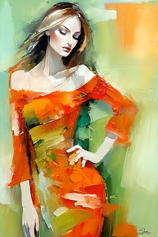 best quality,  extremely detailed,  using palette knife technique, Mysterious. Orange and green color mixed clothes,  using knife drawings, oil painting, sexy korean girl, art by  Shirley Trevena naked shoulder, faces of female super models  or the 2000s, eyes open, loose brushwork, ,aesthetic portrait, red dress,