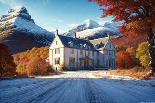 masterpiece, best quality, official_art, aesthetic and beautiful, potrait of an old grand house, on Scotish highlands, snowed mountain, huge grewn field, autumn_leaves, fall_season, no_humans