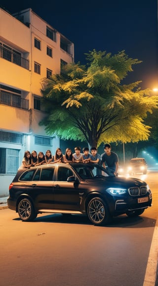 multiple girls, outdoors, multiple boys, tree, night, ground vehicle, building, scenery, motor vehicle, 6+boys, city, car, road, street, photo background, real world location