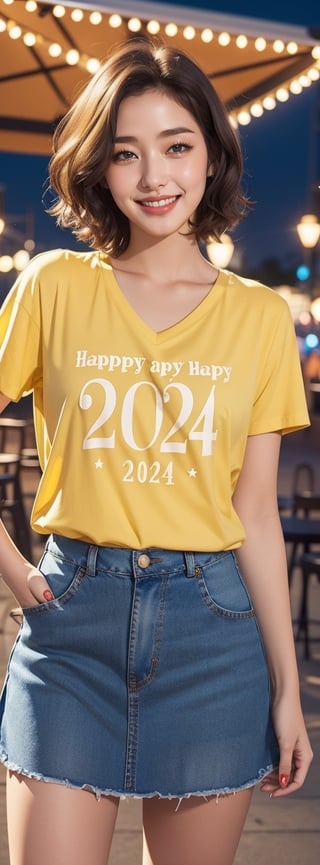 best quality, masterpiece, (photorealistic:1.4), 1girl, brown and whiteish short hair , v neck short sleeve shirt, oversized tank, short skirts,outdoor, cafe, (happy:0.88), ("HAPPY 2024" small yellow text logo on her shirt:1.3),Seattle city, very soft bobbies ,REALISTIC, full body, overjoyed expression,  blue jeans,  snowing, night vibe romantic, holiday vibe, beautiful night life, full body, wear snickers 