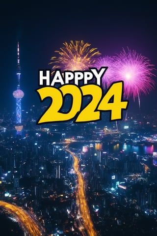 (Professional photograph:1.3) of photo of a city night sky with multicolored end-of-year fireworks, ("HAPPY 2024" text logo, yellow, black, neon, glow:1.7) made of sparkles in the air. Vaporwave aesthetics,  glowing sparkles,  (wide shot:1.2),  BREAK cinematic lighting,  eye level,  Seoul's Namdeamoon at night in the background,  (shot on GoPro:1.4),  Fujicolor Pro film, BREAK (photorealistic:1.3),  vignette,  highest quality,  detailed and intricate,  concept art,  original shot, text logo,night city