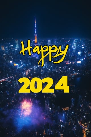 (Professional photograph:1.3) of photo of a city night sky with multicolored end-of-year fireworks, ("HAPPY 2024" text logo, yellow, black, neon, glow:1.5) made of sparkles in the air. Vaporwave aesthetics,  glowing sparkles,  (wide shot:1.2),  BREAK cinematic lighting,  eye level,  Tokyo at night in the background,  (shot on GoPro:1.4),  Fujicolor Pro film,  in the style of Miko Lagerstedt,  Liam Wong,  Nan Goldin,  BREAK (photorealistic:1.3),  vignette,  highest quality,  detailed and intricate,  concept art,  original shot, text logo,night city