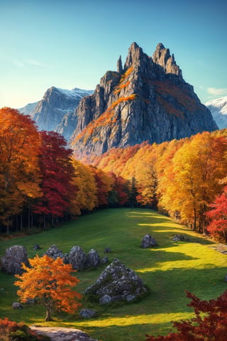 masterpiece, best quality, official_art, aesthetic and beautiful, an old grand house on Scotish highlands, 
Background : many rocks on mountain, huge green field, autumn_leaves, fall_season, no_humans