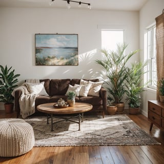 photo of a boho living room, eclectic and cozy design, mix and match of patterns and textures, metallic and moder materials, wide widows,  earthy and cool colors, high angle shot, spacious and airy, negative space, natural light, soft and diffused shadows, comfortable and inviting furniture, metal coffee table, velvet sofa, curved line, calm and relaxed, bohemian and cultural accents,  tribal pillow, succulent plant, asymmetry and contrast, splash of color, rustic and chic color scheme, character and charm, wooden floor, faux fur rug, fluffy, realistic and detailed, high-quality resolution, cover of a lifestyle magazine, Anthropologie, professional photographer, style and grace, daytime,  bokeh, film-grain, masterpiece, dynamic angle, gallery, paintings, art, hdr, raw