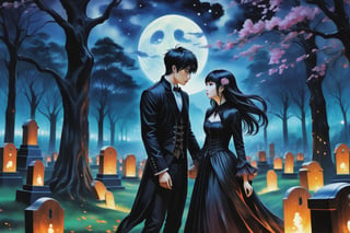 (Fidelity: 1.0), (Masterpiece, Best Quality: 1.5), Create a 32K 3D fantasy alcohol ink art of an aesthetic gothic Taiwanese manga scene. It's a spooky night during Ghost Month: a close-up of a young, adorable Taiwanese couple in a park. Suddenly, thousands of coffins appear without a sign, surrounding the couple in the eerie darkness. The background and atmosphere should echo the emotional intensity and swirling, chaotic elements reminiscent of "The Scream" by Edvard Munch. Ensure exquisite quality and a haunting, yet beautiful, blend of both styles