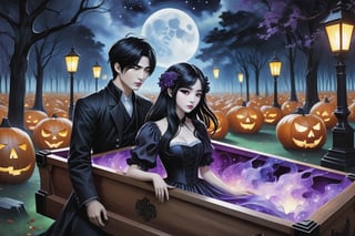 (Fidelity: 1.0), (Masterpiece, Best Quality: 1.5), Create a 32K 3D fantasy alcohol ink art of an aesthetic gothic Taiwanese manga scene. It's a spooky night during Ghost Month: a close-up of a young, adorable Taiwanese couple in a park. Suddenly, thousands of coffins appear without a sign, surrounding the couple in the eerie darkness. The background and atmosphere should echo the emotional intensity and swirling, chaotic elements reminiscent of "The Scream" by Edvard Munch. Ensure exquisite quality and a haunting, yet beautiful, blend of both styles