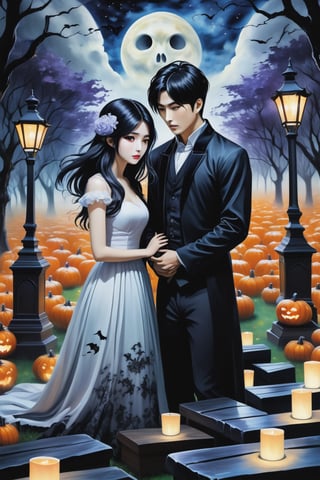 (Fidelity: 1.0), (Masterpiece, Best Quality: 1.5), Create a 32K 3D fantasy alcohol ink art of an aesthetic gothic Taiwanese manga scene. It's a spooky night during Ghost Month: a close-up of a young, adorable Taiwanese couple in a park. Suddenly, thousands of coffins appear without a sign, surrounding the couple in the eerie darkness. The background and atmosphere should echo the emotional intensity and swirling, chaotic elements reminiscent of "The Scream" by Edvard Munch. Ensure exquisite quality and a haunting, yet beautiful, blend of both styles