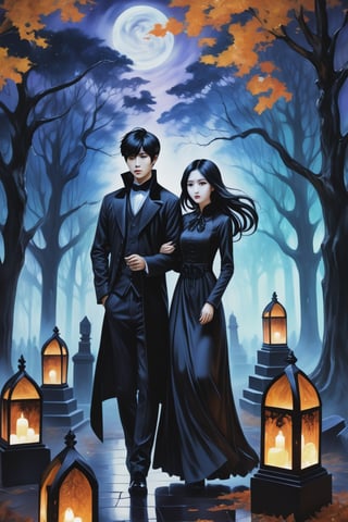 (Fidelity: 1.0), (Masterpiece, Best Quality: 1.5), Create a 32K 3D fantasy alcohol ink art of an aesthetic gothic Taiwanese manga scene. It's a spooky night during Ghost Month: a close-up of a young, adorable Taiwanese couple in a park. Suddenly, thousands of coffins appear without a sign, surrounding the couple in the eerie darkness. The background and atmosphere should echo the emotional intensity and swirling, chaotic elements reminiscent of "The Scream" by Edvard Munch. Ensure exquisite quality and a haunting, yet beautiful, blend of both styles