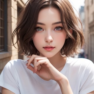 masterpiece, high_quality, 16k, 1080P, intricate_quality, 1girl, light brown hair, short_hair, beautiful_eyes, beautiful_girl, beautiful_face, gorgeous, ringed_eyes, ancient city, t_shirt, black_eyes