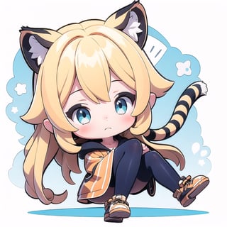 (masterpiece), 1girl, chibi, character sheet, blonde hair, blue eyes, long hair, tiger orange ears,chibi