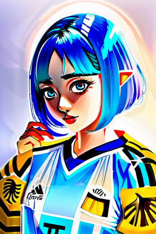 Akane Kurokawa with blue hair wearing an Argentina soccer jersey and a white background