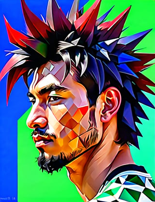 A close-up portrait of a 24-year-old Japanese man with fair skin and spiky, curly black hair, front view, in polygonal art style, using a palette of sharp, vibrant colors such as crimson, cobalt blue, and emerald green with defined, angular textures. Artists: Daniel Martin, Georg Nees, Manfred Mohr.