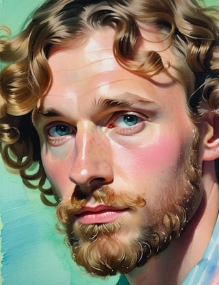  A close-up portrait of a 30-year-old Dutch man with fair skin and long curly hair, serious expression, front view, in gouache style, using pastel shades of light blue, mint green, pale yellow, and soft pink with smooth, watercolor-like textures. Artists: Mary Blair, John Singer Sargent, Henri Matisse.