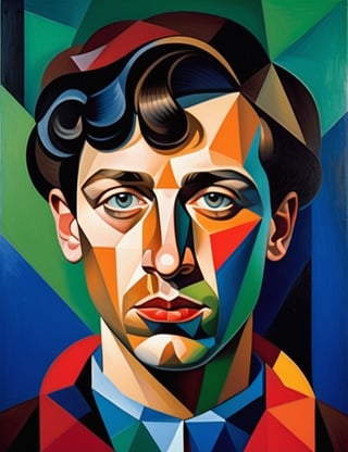 A close-up portrait of a 24-year-old Russian man with fair skin and short, curly black hair, serious expression, front view, in polygonal art style, using sharp geometric shapes and a palette of bold colors like dark red, deep blue, and vibrant green. Artists: Pablo Picasso, Viktor Vasarely, Jean Metzinger.