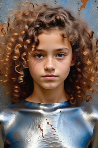 A close-up portrait of a 13-year-old Argentine girl with curly hair, front view, in iron art style, using a palette of metallic tones like silvery gray, rusted brown, and dark steel blue with rugged, textured surfaces. Artists: Richard Serra, Antony Gormley, Julio González.