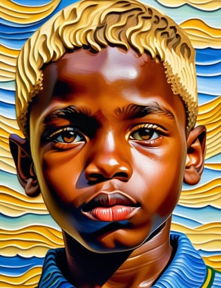 An art style in the manner of Vincent van Gogh of a 12-year-old Brazilian boy with dark skin and very short, tightly curled blonde hair, close-up of his face, front view. (((intricate details))), (((best quality))), (((extreme detail quality))), (((complex composition))), in the style of Vincent van Gogh, Paul Cézanne, Henri Matisse.