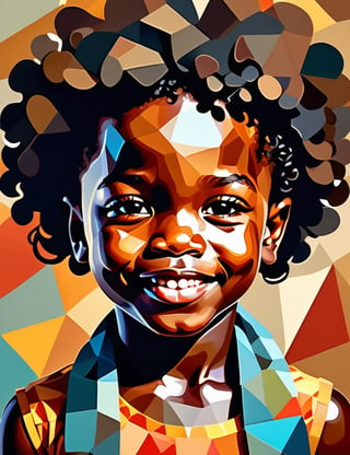  A polygonal art style of a beautiful 6-year-old African child with dark skin and tightly curled black hair, close-up of their face, front view, with a happy expression. (((intricate details))), (((best quality))), (((extreme detail quality))), (((complex composition))), in the style of Charis Tsevis, Jen Stark, Liam Brazier.