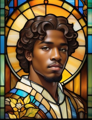 Create a captivating stained glass artwork portraying a 15-year-old young man of African-American descent with dark skin, full lips, and short, tightly curled hair, with a close-up of his face. Intricately capture details using the stained glass medium, drawing inspiration from the stained glass art of Tiffany Studios, the stained glass windows of Louis Comfort Tiffany, and the stained glass technique of Japonisme. Craft a superior stained glass artwork that seamlessly blends these influences into an outstanding portrayal.

