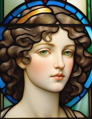 Design an exquisite stained glass window featuring a young Paraguayan woman in her mid-20s. Portray her fair skin and loose, green-highlighted curly hair in a close-up of her face. Ensure superior quality and intricate details akin to the works of stained glass masters Louis Comfort Tiffany, Judith Schaechter, and Sarah Hall.

