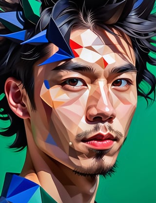 A close-up portrait of a 24-year-old Japanese man with fair skin and spiky, curly black hair, front view, in polygonal art style, using a palette of sharp, vibrant colors such as crimson, cobalt blue, and emerald green with defined, angular textures. Artists: Daniel Martin, Georg Nees, Manfred Mohr.