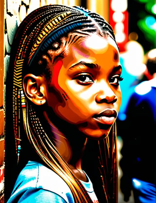  A graffiti art style on canvas of a beautiful 14-year-old Nigerian girl with caramel skin tone and long, straight hair, close-up of her face, front view. (((intricate details))), (((best quality))), (((extreme detail quality))), (((complex composition))), in the style of Banksy, Jean-Michel Basquiat, Shepard Fairey.

