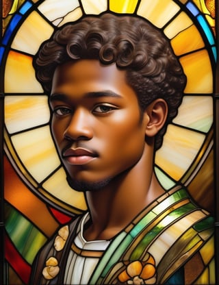 Create a captivating stained glass artwork portraying a 15-year-old young man of African-American descent with dark skin, full lips, and short, tightly curled hair, with a close-up of his face. Intricately capture details using the stained glass medium, drawing inspiration from the stained glass art of Tiffany Studios, the stained glass windows of Louis Comfort Tiffany, and the stained glass technique of Japonisme. Craft a superior stained glass artwork that seamlessly blends these influences into an outstanding portrayal.

