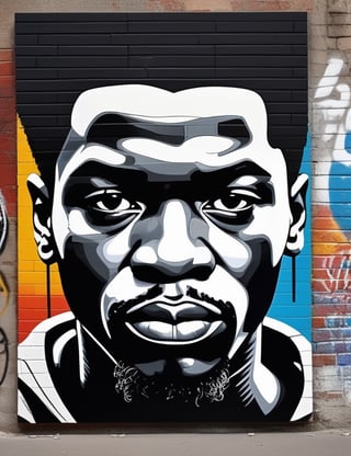 Create a striking black and white wall graffiti-style artwork featuring a 35-year-old African man. Emphasize his dark black skin tone and short, tightly curled hair in a close-up of his face. Infuse the expressive details reminiscent of Banksy's impactful graffiti techniques, ensuring superior quality and extreme attention to facial features. Capture the vibrant portraiture seen in Eduardo Kobra's artworks for a unique blend of urban artistry and emotion. Draw inspiration from the urban realism of Vhils to deliver a compelling and detailed artistic representation in the graffiti wall style.

