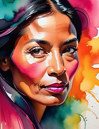  A close-up portrait of a beautiful 45-year-old Bolivian woman with caramel skin and long, straight black hair, front view, in watercolor style with an explosion of colors, using vibrant hues like fuchsia, teal, and golden orange with fluid, dynamic textures. Artists: Georgia O'Keeffe, Winslow Homer, Jean Haines.