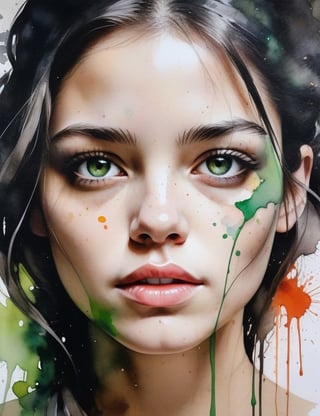 Create a captivating watercolor portrait with splatter effects on canvas featuring a 30-year-old Argentine woman. Emphasize her fair skin, vivid green eyes, and tightly curled hair in a close-up of her face. Achieve high-quality rendering with extreme attention to detail, drawing inspiration from the styles of Agnes Cecile, David Choe, and Jackson Pollock's splatter technique.

