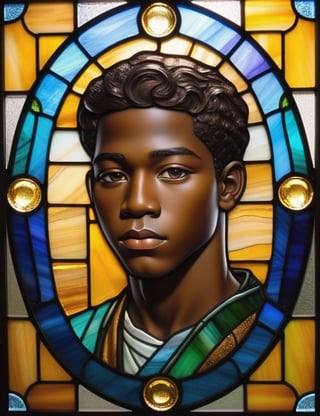 Create a captivating stained glass artwork portraying a 15-year-old young man of African-American descent with dark skin, full lips, and short, tightly curled hair, with a close-up of his face. Intricately capture details using the stained glass medium, drawing inspiration from the stained glass art of Tiffany Studios, the stained glass windows of Louis Comfort Tiffany, and the stained glass technique of Japonisme. Craft a superior stained glass artwork that seamlessly blends these influences into an outstanding portrayal.

