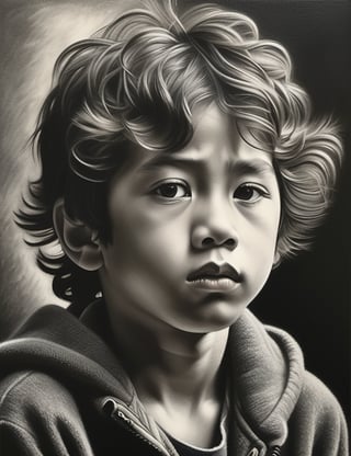 A black and white charcoal art style on canvas of a 12-year-old Japanese boy with short, curly hair, close-up of his face, front view, with a serious expression. (((intricate details))), (((best quality))), (((extreme detail quality))), (((complex composition))), in the style of Kathe Kollwitz, Robert Longo, Paul Cadden.