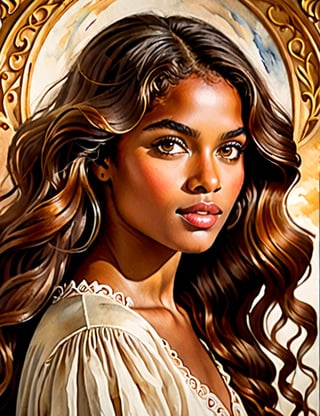 Create a timeless watercolor portrait reminiscent of classical techniques, featuring a 20-year-old Brazilian woman. Capture the intricate details of her caramel skin, light brown eyes, and voluminous, wavy hair in a close-up of her face. Emulate a superior quality akin to the works of Agnes Goodsir, John Singer Sargent, and the classical watercolor technique of William Turner.

