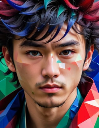 A close-up portrait of a 24-year-old Japanese man with fair skin and spiky, curly black hair, front view, in polygonal art style, using a palette of sharp, vibrant colors such as crimson, cobalt blue, and emerald green with defined, angular textures. Artists: Daniel Martin, Georg Nees, Manfred Mohr.