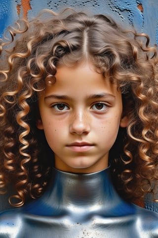 A close-up portrait of a 13-year-old Argentine girl with curly hair, front view, in iron art style, using a palette of metallic tones like silvery gray, rusted brown, and dark steel blue with rugged, textured surfaces. Artists: Richard Serra, Antony Gormley, Julio González.