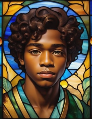 Create a captivating stained glass artwork portraying a 15-year-old young man of African-American descent with dark skin, full lips, and short, tightly curled hair, with a close-up of his face. Intricately capture details using the stained glass medium, drawing inspiration from the stained glass art of Tiffany Studios, the stained glass windows of Louis Comfort Tiffany, and the stained glass technique of Japonisme. Craft a superior stained glass artwork that seamlessly blends these influences into an outstanding portrayal.

