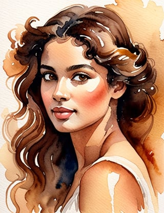 Create a timeless watercolor portrait reminiscent of classical techniques, featuring a 20-year-old Brazilian woman. Capture the intricate details of her caramel skin, light brown eyes, and voluminous, wavy hair in a close-up of her face. Emulate a superior quality akin to the works of Agnes Goodsir, John Singer Sargent, and the classical watercolor technique of William Turner.

