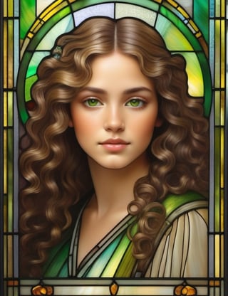 Design an exquisite stained glass window featuring a young Paraguayan woman in her mid-20s. Portray her fair skin and loose, green-highlighted curly hair in a close-up of her face. Ensure superior quality and intricate details akin to the works of stained glass masters Louis Comfort Tiffany, Judith Schaechter, and Sarah Hall.

