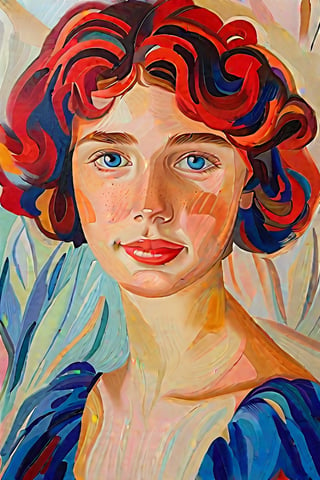  A close-up portrait of a beautiful 15-year-old German girl with fair skin and short, curly hair with red streaks, front view, in gouache style, using a vibrant palette of rich earth tones, deep blues, and warm reds with smooth, creamy textures. Artists: Mary Blair, John Singer Sargent, Henri Matisse.